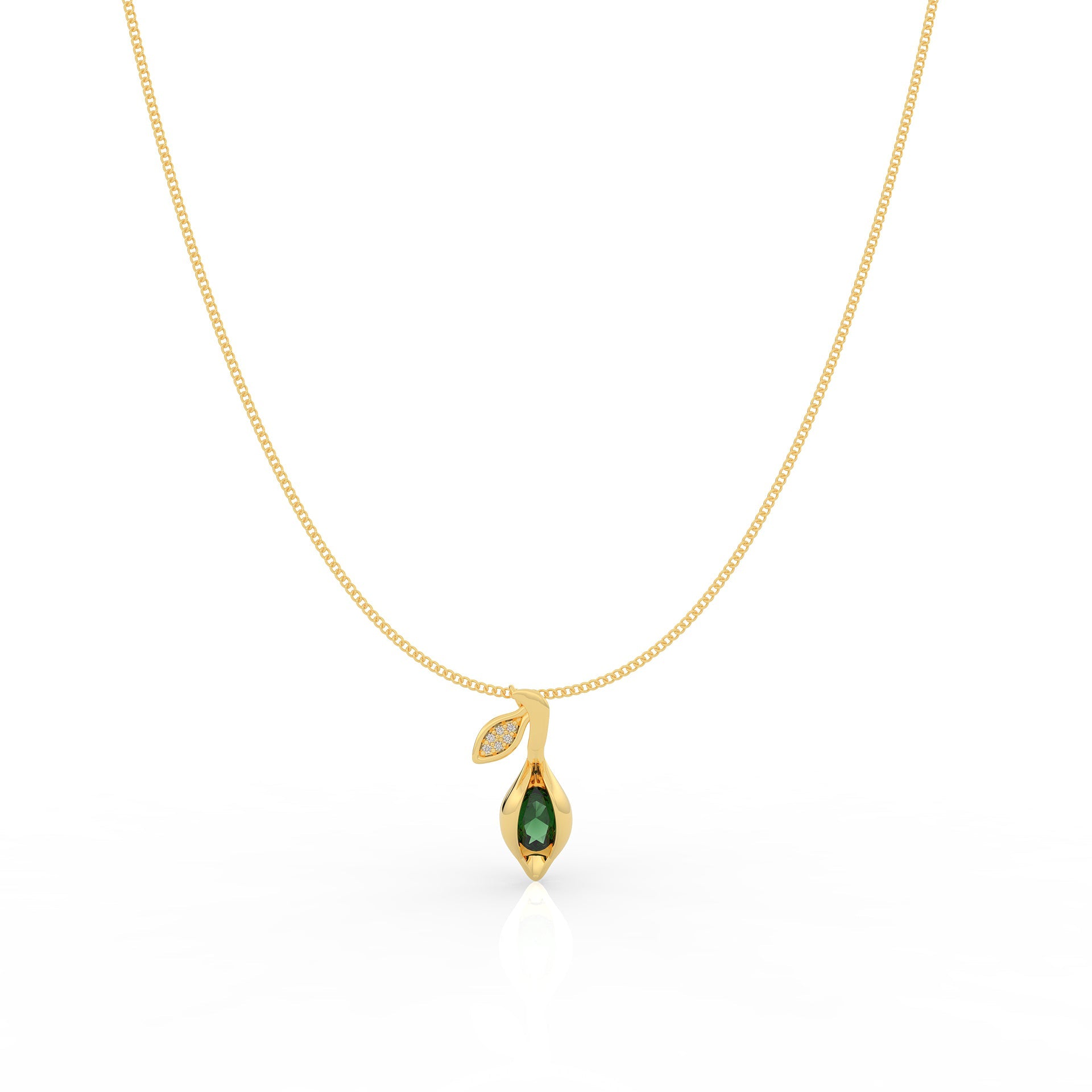 Refined Green Gemstone Leaf Pendant With Chain, Hallmarked 925 Sterling Silver - sitabo